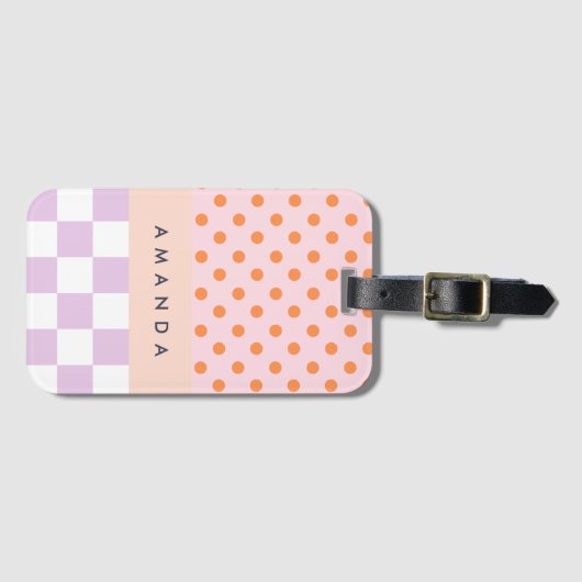 Aangepaste Monogram Pastel Polka Dot Lila Check Ca Bagagelabel (Voorkant (horizontaal))