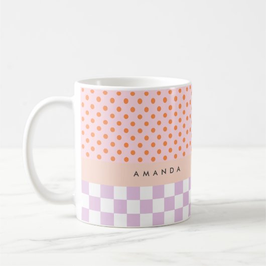 Aangepaste Monogram Pastel Polka Dot Lila Check Ca Koffiemok (Links)