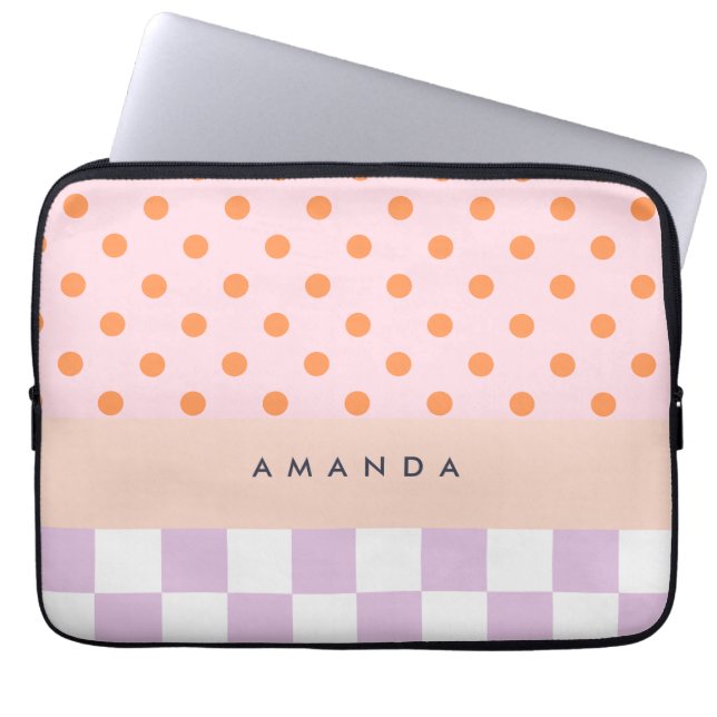 Aangepaste Monogram Pastel Polka Dot Lila Check Ca Laptop Sleeve (Voorkant)