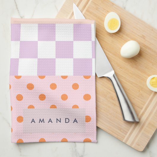 Aangepaste Monogram Pastel Polka Dot Lila Check Ca Theedoek (Quarter Fold)