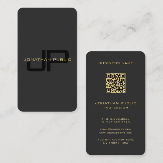 Aangepaste monogram QR-code Sjabloon zwart en goud Visitekaartje (Voorkant / Achterkant)