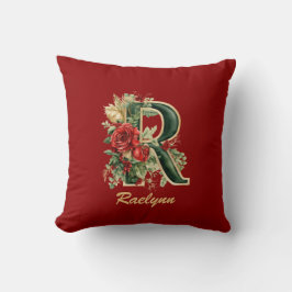 Aangepaste  Monogram R Kerst Rood Goud Gooi Kussen