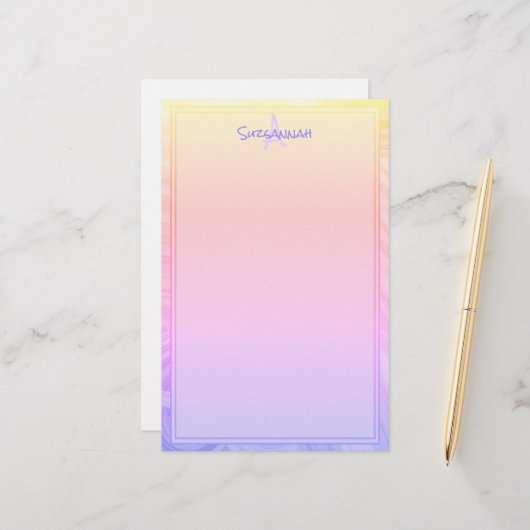 Aangepaste monogram regenboog Paarse roze Oranje r Briefpapier (Voorkant / Achterkant in situ)