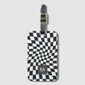 Aangepaste Monogram Retro Warped Black White Check Bagagelabel (Voorkant (verticaal))