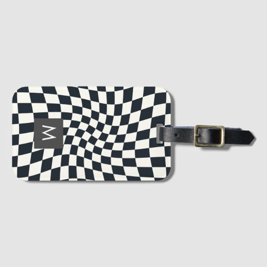 Aangepaste Monogram Retro Warped Black White Check Bagagelabel (Voorkant (horizontaal))
