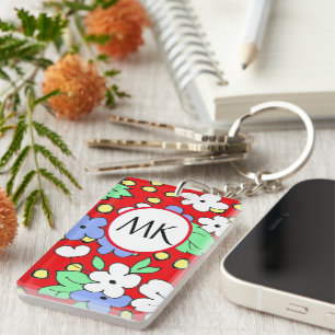 Aangepaste monogram rode en witte bloemen sleutelhanger