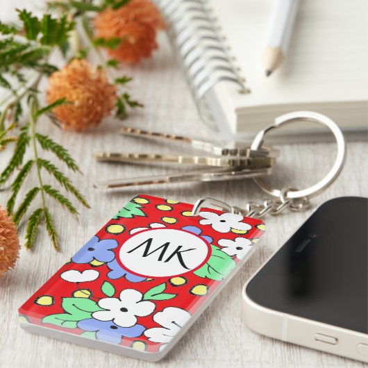 Aangepaste monogram rode en witte bloemen sleutelhanger (Voorkant Rechts)