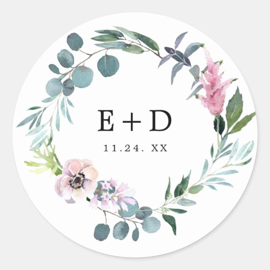 Aangepaste monogram romantische bloesems bruiloft ronde sticker (Voorkant)
