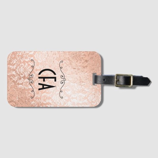 Aangepaste monogram Roos Gold Damask Bagagelabel (Voorkant (horizontaal))
