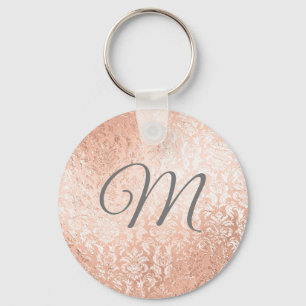 Aangepaste monogram Roos Gold Damask Sleutelhanger