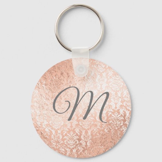 Aangepaste monogram Roos Gold Damask Sleutelhanger (Voorkant)
