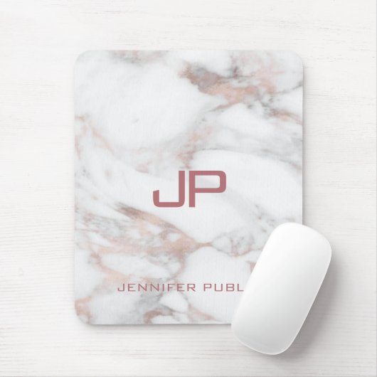 Aangepaste monogram Roos Gold White Marble Muismat (Met muis)