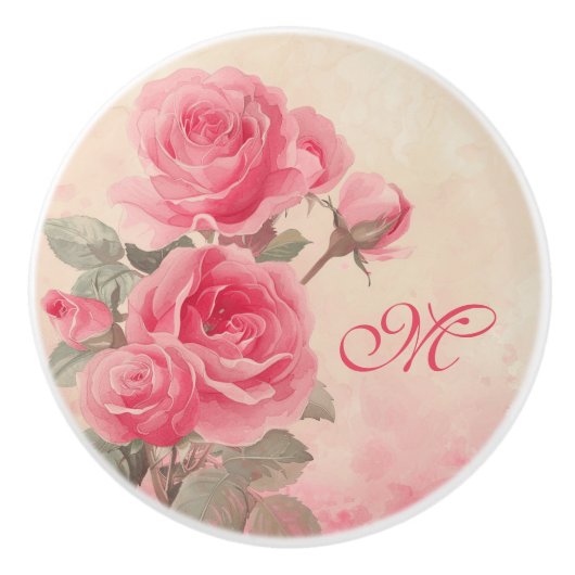 Aangepaste Monogram Roze Bloemen Keramische Knop (Voorkant)