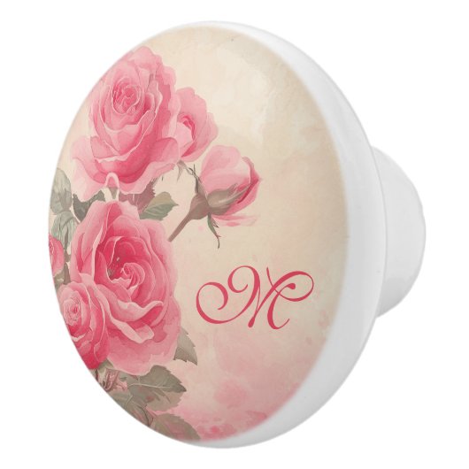 Aangepaste Monogram Roze Bloemen Keramische Knop (Rechts)