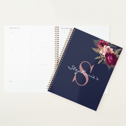 Aangepaste monogram roze bruine goudbloem planner (Display)