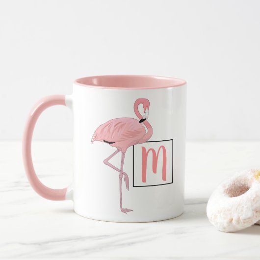 Aangepaste monogram roze flamingo Waterverf kunst Mok (Met donut)
