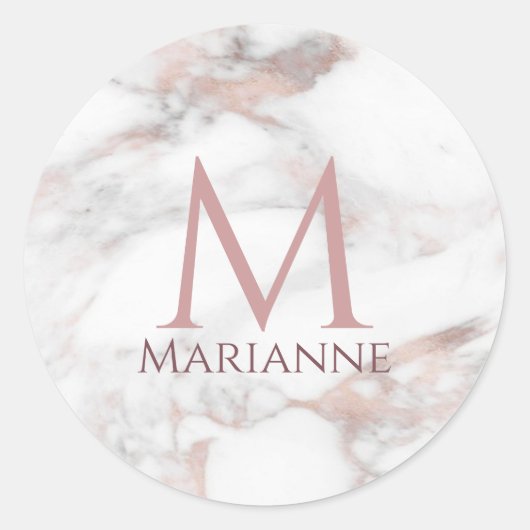 Aangepaste Monogram Roze Goud Marmer Moderne Elega Ronde Sticker (Voorkant)