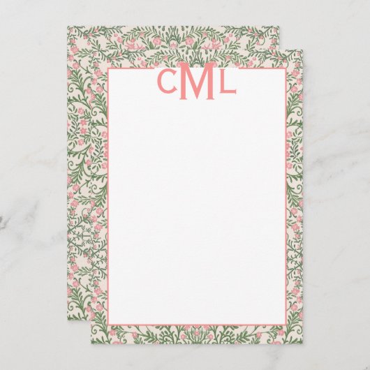 Aangepaste Monogram Roze & Groene Bloemen Chinoise Kaart (Voorkant / Achterkant)