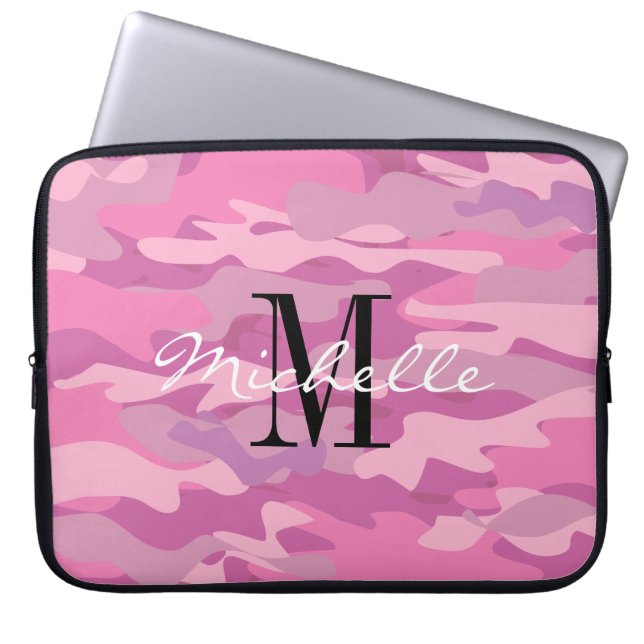 Aangepaste monogram roze legerkamentencaphoezen laptop sleeve (Voorkant)