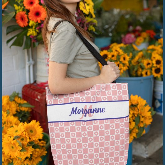 Aangepaste monogram roze ruitjes bloemenpatroon tote bag