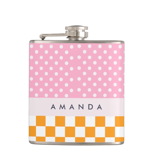 Aangepaste Monogram Roze Sinaasappel Polka Dot Che Heupfles (Voorkant)