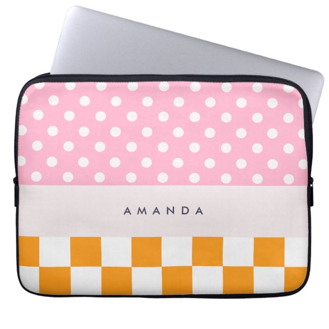 Aangepaste Monogram Roze Sinaasappel Polka Dot Che Laptop Sleeve (Voorkant)