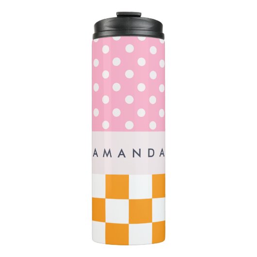 Aangepaste Monogram Roze Sinaasappel Polka Dot Che Thermosbeker (Voorkant)
