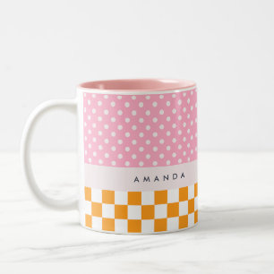 Aangepaste Monogram Roze Sinaasappel Polka Dot Che Tweekleurige Koffiemok