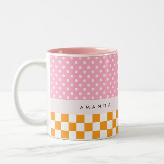 Aangepaste Monogram Roze Sinaasappel Polka Dot Che Tweekleurige Koffiemok (Links)