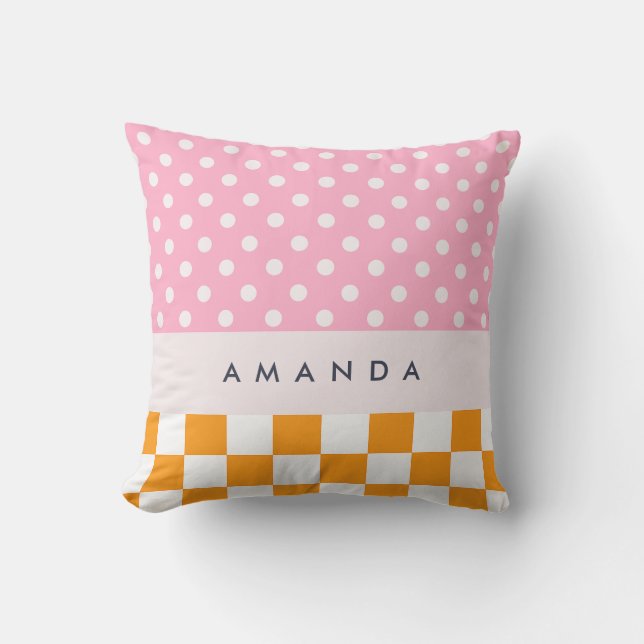 Aangepaste Monogram Roze Sinaasappel Polka Dot Con Kussen (Voorkant)