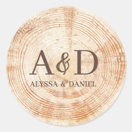 Aangepaste monogram Rustic Wedding Wood Slice Ronde Sticker