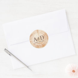 Aangepaste monogram Rustic Wedding Wood Slice Ronde Sticker