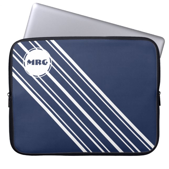 Aangepaste Monogram Saffier Blauw met Witte Strepe Laptop Sleeve (Voorkant)