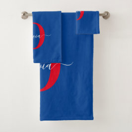 Aangepaste monogram scriptnaam Blauw rood Bad Handdoek