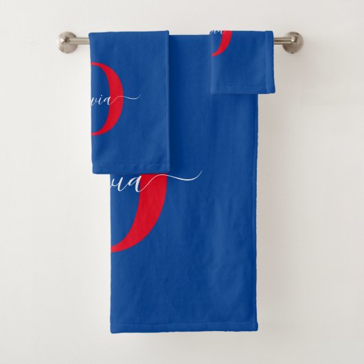 Aangepaste monogram scriptnaam Blauw rood Bad Handdoek (Insitu)