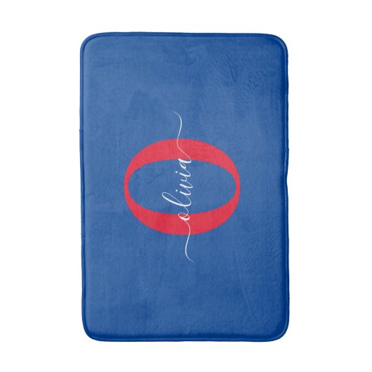 Aangepaste monogram scriptnaam Blauw rood Badmat (Voorkant Verticaal)