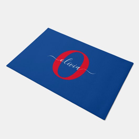 Aangepaste monogram scriptnaam Blauw rood Deurmat (Schuin)