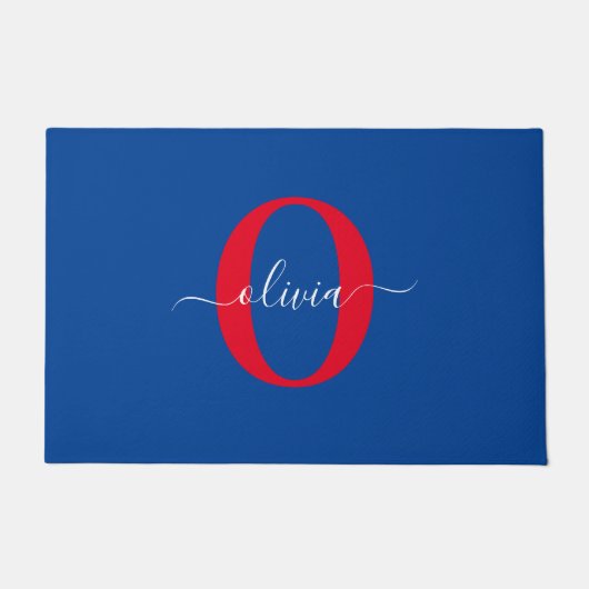 Aangepaste monogram scriptnaam Blauw rood Deurmat (Voorkant)