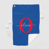 Aangepaste monogram scriptnaam Blauw rood Golfhanddoek (Insitu)