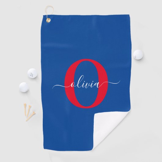 Aangepaste monogram scriptnaam Blauw rood Golfhanddoek (Insitu)