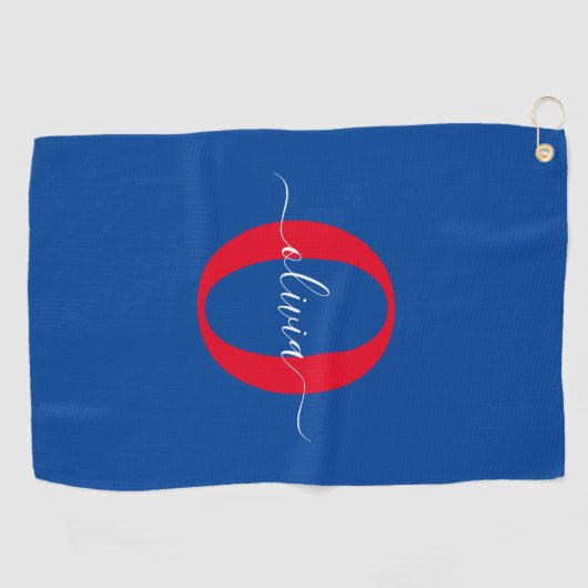 Aangepaste monogram scriptnaam Blauw rood Golfhanddoek (Horizontaal)