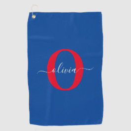 Aangepaste monogram scriptnaam Blauw rood Golfhanddoek