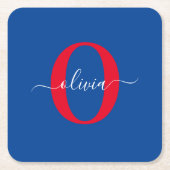 Aangepaste monogram scriptnaam Blauw rood Kartonnen Onderzetters (Voorkant)