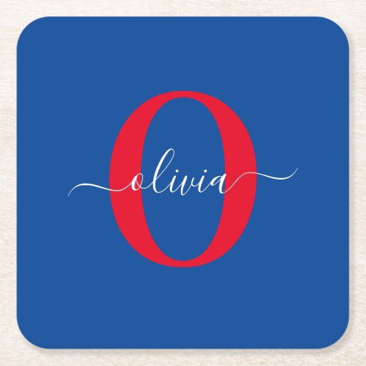 Aangepaste monogram scriptnaam Blauw rood Kartonnen Onderzetters (Voorkant)