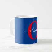 Aangepaste monogram scriptnaam Blauw rood Koffiemok (Voorkant links)
