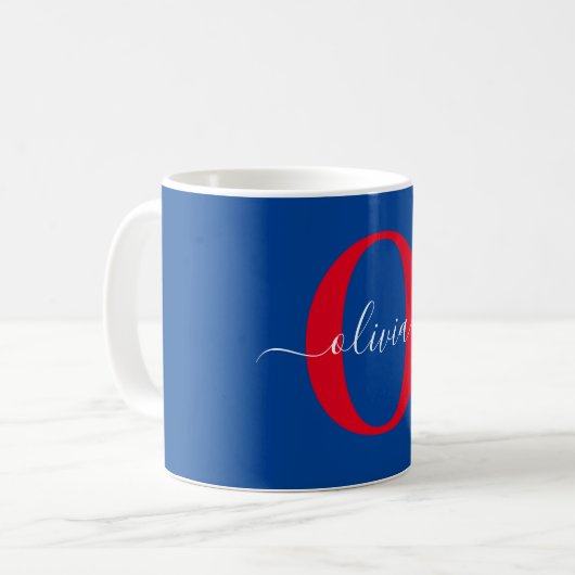 Aangepaste monogram scriptnaam Blauw rood Koffiemok (Voorkant links)