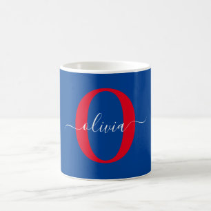 Aangepaste monogram scriptnaam Blauw rood Koffiemok