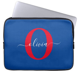 Aangepaste monogram scriptnaam Blauw rood Laptop Sleeve