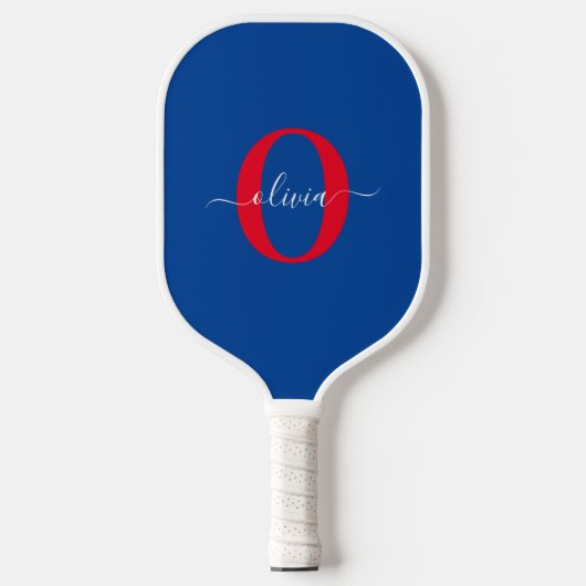 Aangepaste monogram scriptnaam Blauw rood Pickleball Paddle (Voorkant)