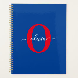 Aangepaste monogram scriptnaam Blauw rood Planner